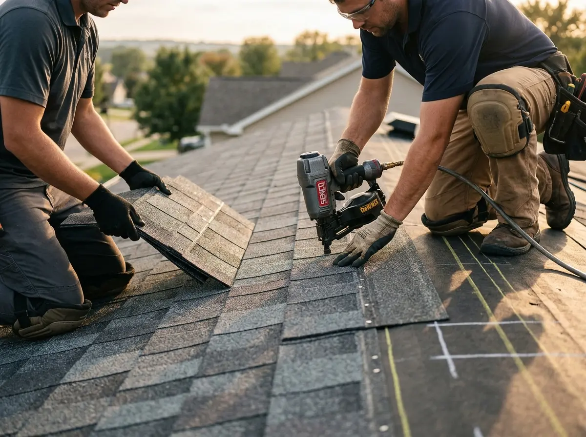 Professional roofer working on a residential roof in Spring Lake